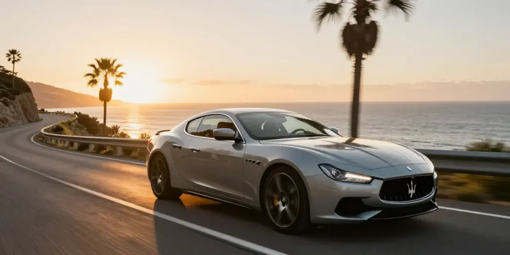 Un'auto Maserati in noleggio lungo termine mentre percorre una strada costiera panoramica, esprimendo lusso e avventura.