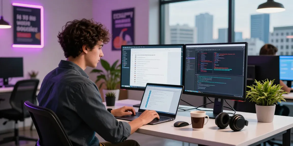 Using Telegram web version for messaging in a vibrant tech workspace with modern decor.
