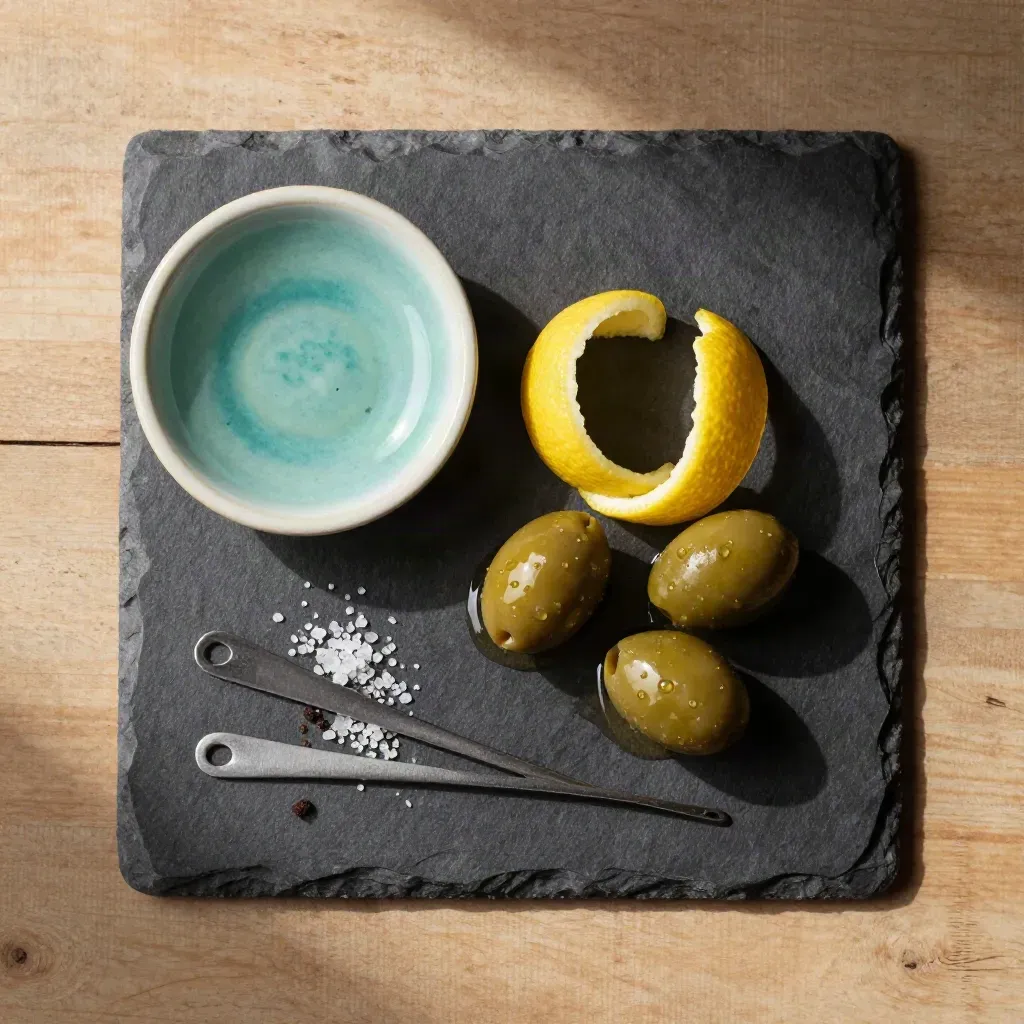 Set aperitivo su legno chiaro con olive, scorza di limone e pick in acciaio, luce soffusa.