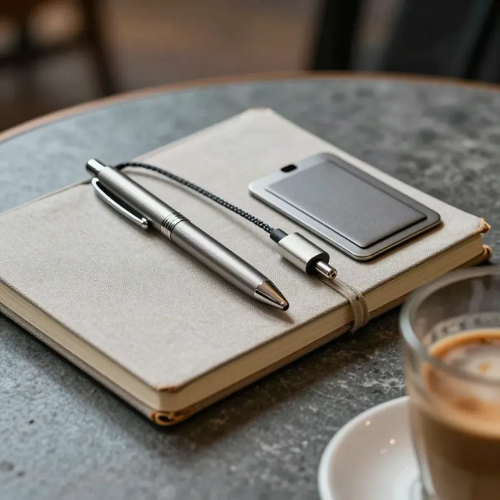 Kit per freelance locali con taccuino chiuso, penna metallica, adattatore e portacarte su tavolo di caffè.