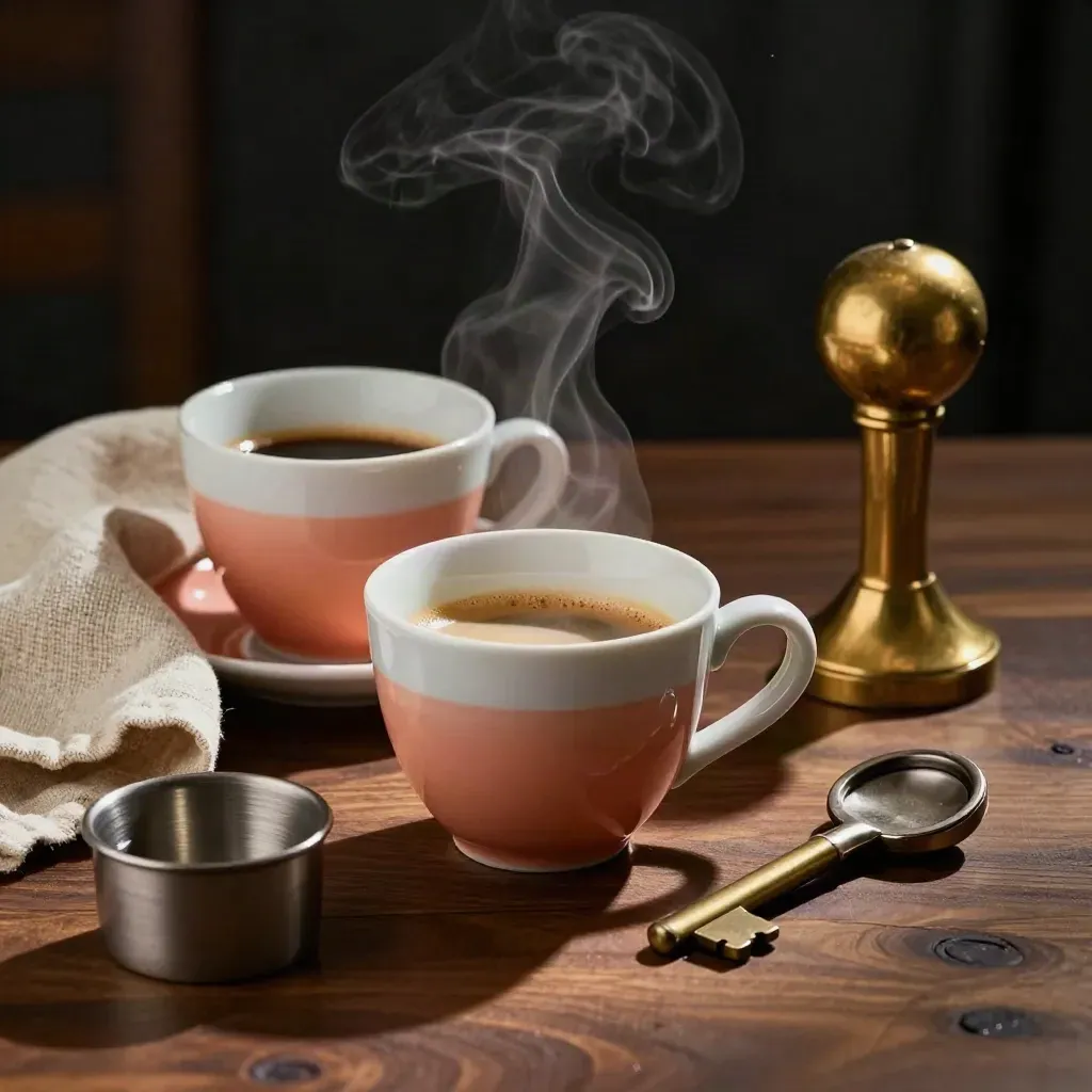 Tazzine da espresso, tamper in ottone e lino su tavolo scuro, con vapore caldo.