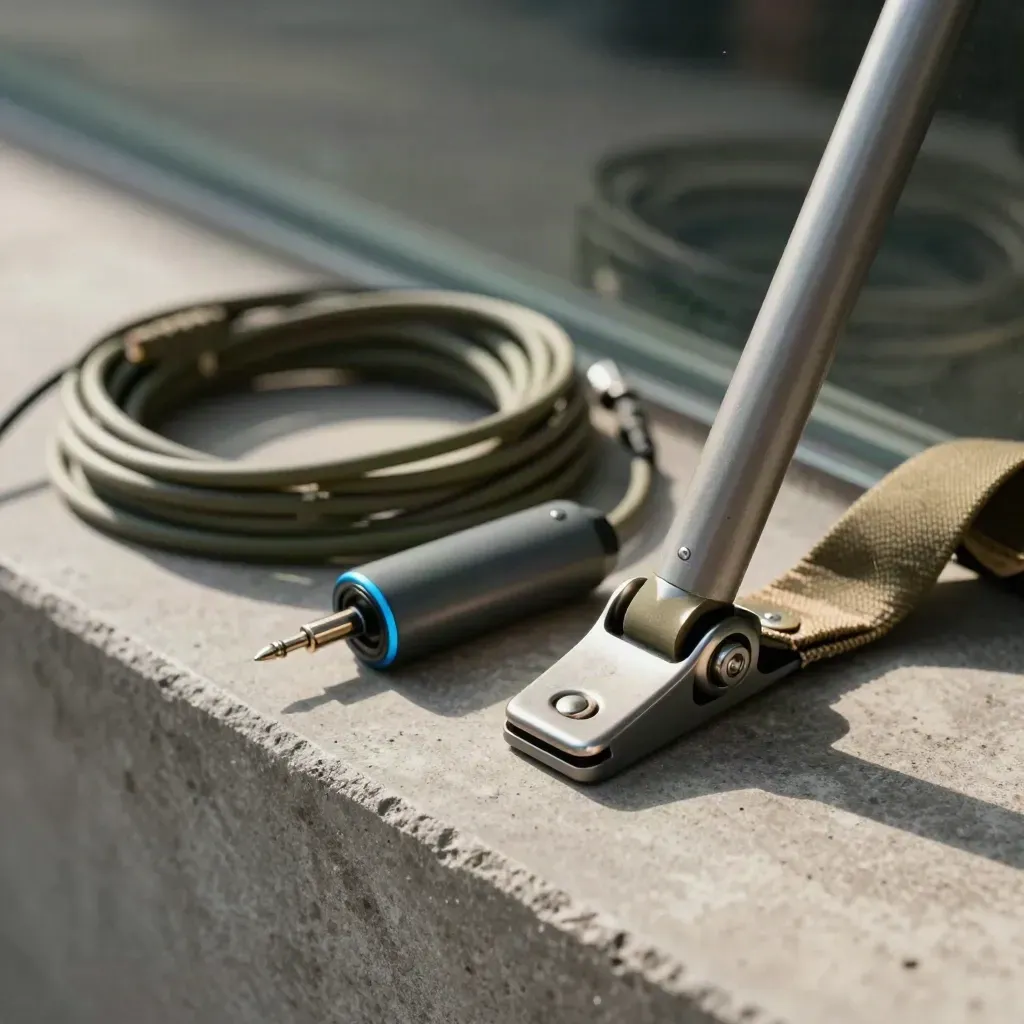 Cavo audio, clip microfono e cerniera di sgabello su cemento, con luce radente e sfondo sfocato.