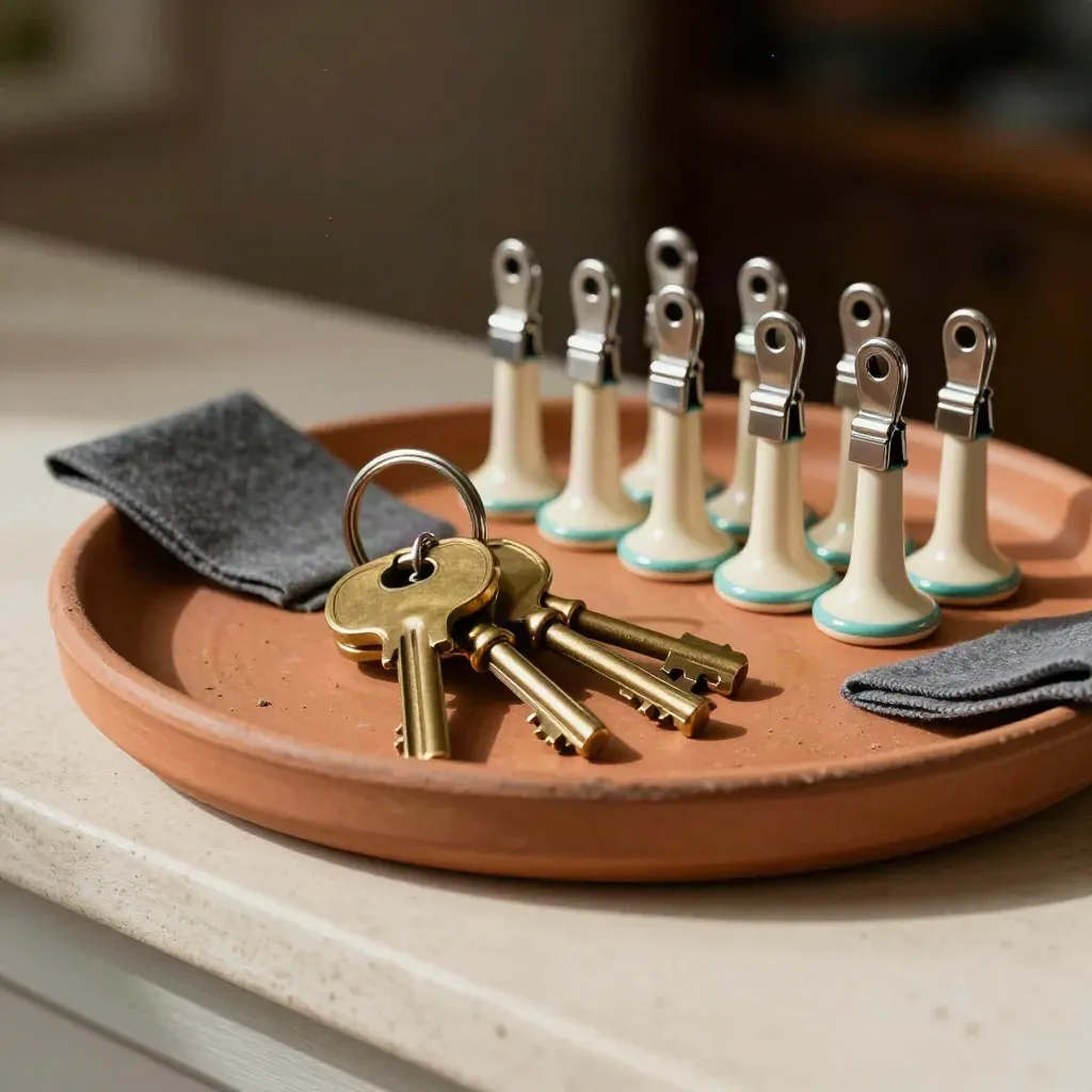 Chiavi in ottone, clip badge e segnaposto riutilizzabili su vassoio in terracotta.