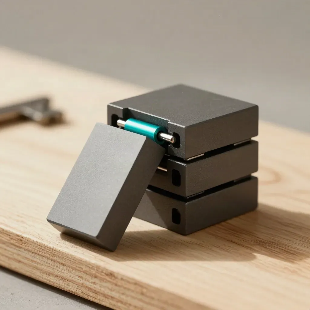 Blocchi modulari grafite con inserto turchese su legno chiaro, luce drammatica.