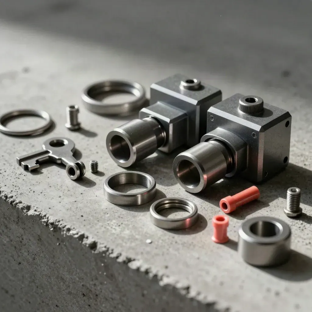 Dettaglio macro di supporti metallici, anelli e viti su cemento, con un accento corallo.