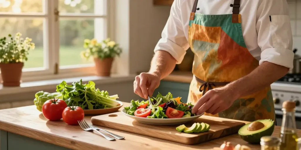 rokok88 fresh food preparation in inviting home kitchen with vibrant salad ingredients